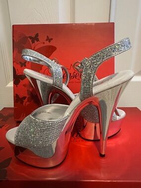 Pleaser Silver Glitter Platform Slingback Heels
